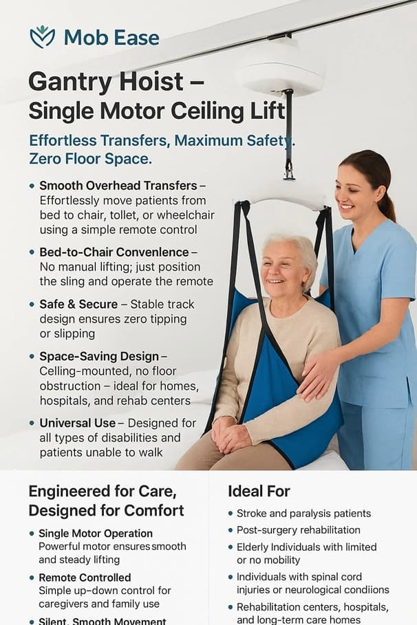 Gantry Hoist Single Motor for patient transfers by MOB-EASE Rehab