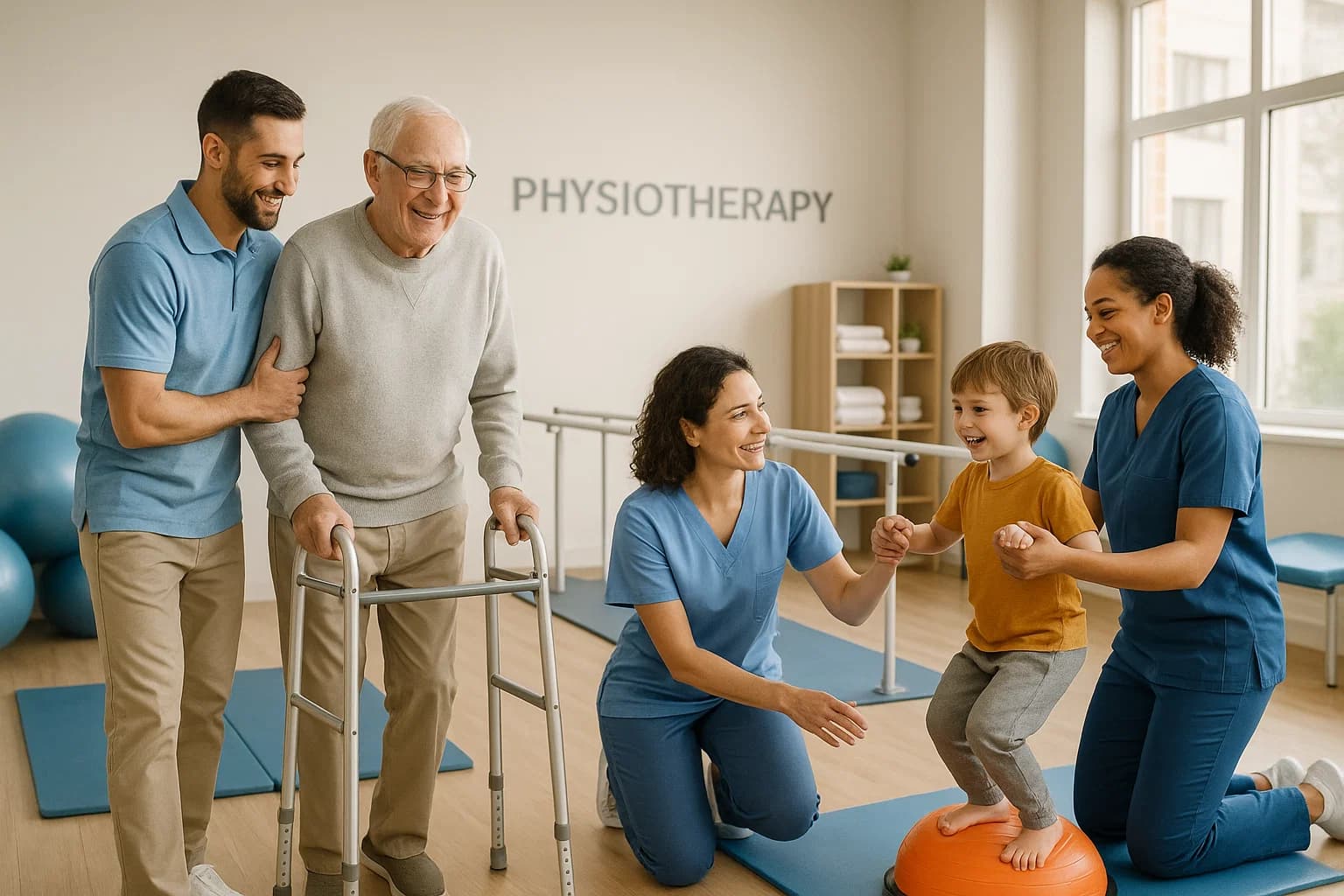 Physiotherapist assisting patient with mobility aid at MOB-EASE Rehab Kottayam